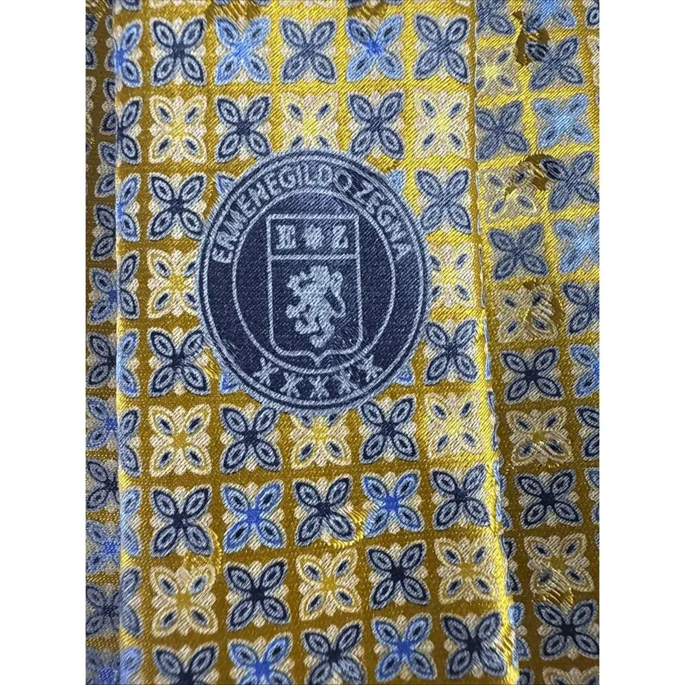 Ermenegildo Zegna Gold Blue Floral‎ Design Mens Silk Necktie 3.5